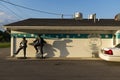 The blues brothers figures outside a diner, in the city of Wilmington, along the historic route 66 in the Sate of Illinois