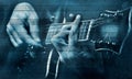 Blues music concept. guitarist playing blues. guitarist on the background of the sheet music. music sheet painted with blue waterc Royalty Free Stock Photo