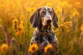 Bluetick coonhound dog sitting in meadow field surrounded by vibrant wildflowers and grass on sunny day ai generated