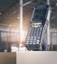 Bluetooth Barcode Scanner on Packaging Boxes. Shipping Package. Computer Work Tools for Warehouse Inventory Management. Royalty Free Stock Photo