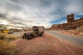 Old truck with advertising for the Twin Rocks Cafe and Gallery in Bluff, Utah