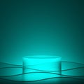 Bluish green clear crystal glass backdrop. Circle podium water waves bright glow dark backlight deep lake. Underwater show product