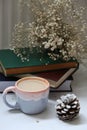 a bluish grey and pink cup of coffee and a white colored pine cone and a bunch of tiny white flowers on books