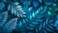 Bluish tones winter tropical leaves background. AI Generative