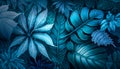 Bluish tones winter tropical leaves background. AI Generative