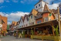 BLUMENAU, BRAZIL - MAY 10, 2016: nice local restaurant in the corner of the street, german style houses Royalty Free Stock Photo