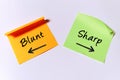 Blunt and Sharp written on sticky notes with arrows, illustrating the opposing concepts Royalty Free Stock Photo