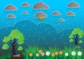 Blue landscape with trees rocks sky, Gray clouds and rain, Vector illustration