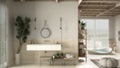 Blur background, cosy peaceful bathroom, bathtub, ceramic tiles, sink with mirror and little potted tree, pouf, shelves, big