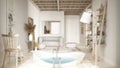 Blur background, cosy peaceful bathroom, big bathtub, ceramic tiles floor, carpet, round poufs, shelves and lamps, mirror and soft