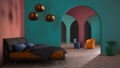 Blur background interior design: classic metaphysics surreal interior design, bedroom with ceramic floor, open space, archway with