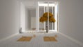 Blur background interior design: empty yoga studio interior design, minimal space with mats and accessories, zen garden, tree, Royalty Free Stock Photo