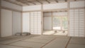 Blur background interior design: empty yoga studio, open space with mats, pillows and accessories, tatami, futon, zen garden