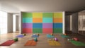 Blur background interior design: empty yoga studio, space with mats, hammocks, pillows and accessories, parquet, mirror, room