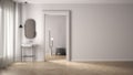 Blur background interior design: minimalist bathroom, plaster walls and parquet floor, empty room with sink and mirror, door with Royalty Free Stock Photo