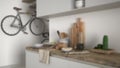 Blur background interior design, minimalist modern kitchen close up with healthy breakfast, contemporary white and wooden