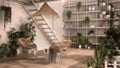 Blur background interior design: modern conservatory, winter garden interior design, lounge with armchairs. Mezzanine with