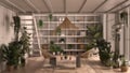 Blur background interior design: modern conservatory, winter garden interior design, lounge with armchairs. Mezzanine with