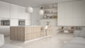 Blur background interior design, modern kitchen with shelves and cabinets, island with stools. Contemporary living room Royalty Free Stock Photo