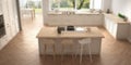 Blur background interior design, modern white scandinavia kitchen with big windows