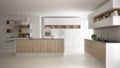 Blur background interior design, modern white scandinavia kitchen with wooden and white details