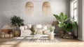 Blur background interior design, old style living room, sofa, carpet, pillows and rattan pendant lamps, tables with decors and Royalty Free Stock Photo