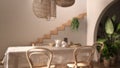 Blur background interior design, vintage retro dining room with table and chairs, breakfast buffet, classic pendant lamps,