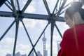 The blur background of pearl tower with the girl in red sweater