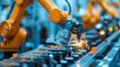 Blur background of robot machine working together at production line. Spate.