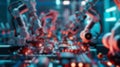 Blur background of robot machine working together at production line. Spate.