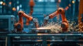 Blur background of robot machine working together at production line. Spate.