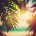 Blur beautiful nature green palm leaf on tropical beach with bokeh sun light flare wave abstract background Royalty Free Stock Photo