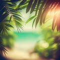 Blur beautiful nature green palm leaf on tropical beach with bokeh sun light flare wave abstract background Royalty Free Stock Photo