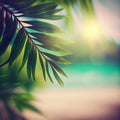 Blur beautiful nature green palm leaf on tropical beach with bokeh sun light flare wave abstract background Royalty Free Stock Photo