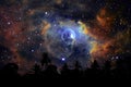 blur blue bubble nebula back on night cloud sky silhouette on tree