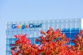 Blur. Bright fall, autumn foliage with blurred Google Cloud office building Royalty Free Stock Photo