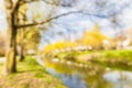 Abstract blur city park bokeh background, spring warm sunlight, trees with small river Royalty Free Stock Photo