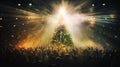 blur crowd celebrate with Christmas tree at venue background. generative AI