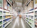 Blur effect supermarket and retail store interior with product shelf in shopping mall for background Royalty Free Stock Photo