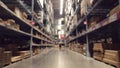 Blur empty warehouse, view down the asile with shelves and boxes.Background Royalty Free Stock Photo