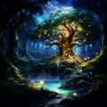 Blur enchanted forest with magical tree. AI generation Royalty Free Stock Photo