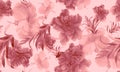 Blur Hibiscus Garden. Pink Flower Set. Fuchsia Seamless Background. Coral Watercolor Leaves. Pattern Illustration. Tropical Jungle