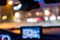 Blur image from inside car with bokeh lights from traffic jam on night Royalty Free Stock Photo