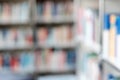 Blur image of shelf with books in library. Background