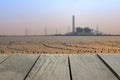 Blur image of terrace wood and Coal-Fired Power Plant Royalty Free Stock Photo