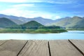 Blur image of terrace wood and scenery view and sky