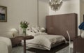 Blur interior design, classic bedroom with master bed and accessories, hotel, resort, spa. Vintage old classic style and decors, Royalty Free Stock Photo