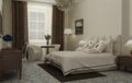 Blur interior design, classic bedroom with master bed and accessories, hotel, resort, spa. Vintage old classic style and decors, Royalty Free Stock Photo