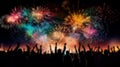 blur joyful crowd dancing and celebration with colorful firework at night. happy special moment background. generative AI Royalty Free Stock Photo