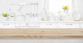 Blur kitchen room and window with wood table in front Royalty Free Stock Photo